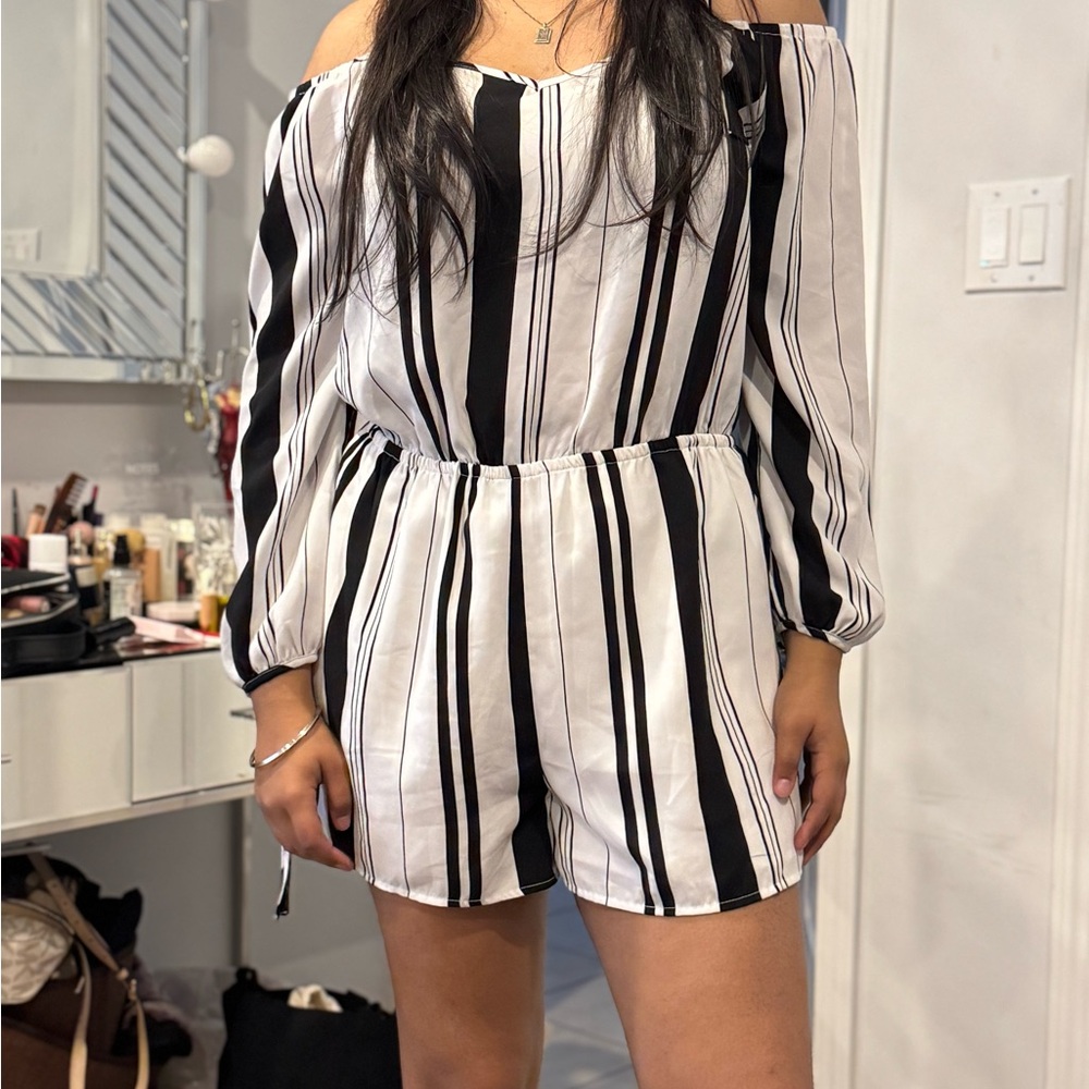 Black and White Striped Off-Shoulder Jumpsuit